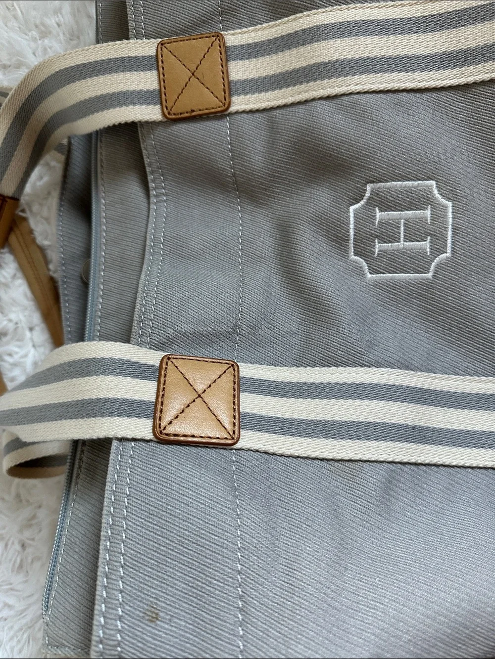 Pottery Barn Kids Monogram Canvas Diaper Bag in Gray with Striped Handles